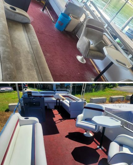 A before and after picture of the interior of a boat.